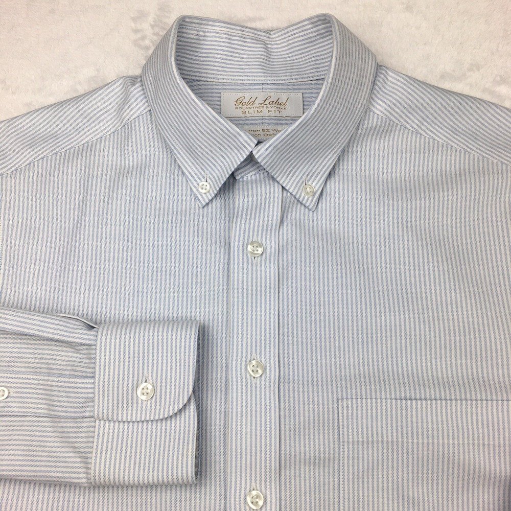 Roundtree & Yorke Gold Label Shirt Mens 15.5-35 Blue/White Stripe Stretch Oxford